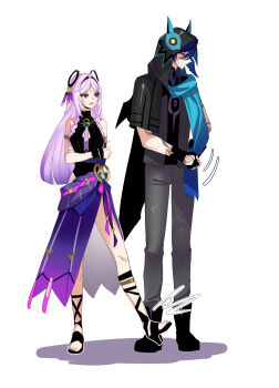 1boy 1girl animal_ears arm_tattoo armlet bat_boy bat_ears black_boots black_cape black_gloves black_jacket black_leotard black_sandals black_shirt black_sleeves black_wrist_cuffs blue_hair blue_scarf blunt_ends boots bow bracelet braid cape citlali_(genshin_impact) cleavage_cutout clothing_cutout commentary_request crossed_arms detached_sleeves facial_mark feather_hair_ornament feathers fingerless_gloves floating_headgear forehead_mark frown full_body gem genshin_impact gladiator_sandals gloves gold gradient_hair grandmother_and_grandson green_gem grey_pants hair_intakes hair_ornament hair_tubes hand_in_pocket hand_on_own_arm hand_tattoo headgear heattech_leotard height_difference high_heel_sandals highleg highleg_leotard highres hip_vent hood hooded_jacket jacket jewelry kicking korean_commentary leotard looking_at_another looking_down mandarin_collar multicolored_hair necktie o-ring open_clothes open_jacket open_mouth ororon_(genshin_impact) pants parted_bangs pink_bow pink_feathers pink_hair pink_pupils purple_bow purple_hair purple_necktie purple_sarong purple_sleeves red_eyes ring_hair_ornament sandals sarong scarf shirt short_sleeves side_slit sidelocks single_sleeve standing sugarcanedove tattoo toes triangle triangle_facial_mark turtleneck twin_braids two-tone_bow undershirt vision_(genshin_impact) white_background wrist_cuffs