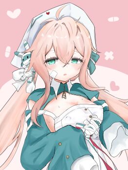 Rule 34 | 1girl, ahoge, apron, azur lane, bandaid, bandaid on face, blonde hair, breasts, cleavage, commentary request, covered erect nipples, crossed bangs, green eyes, hands up, heart, highres, looking at viewer, low twintails, medium breasts, nio potato, parted lips, sleeves past fingers, sleeves past wrists, solo, sweat, twintails, ugolino vivaldi (azur lane), upper body, white apron
