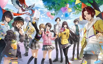 4boys 6+girls anniversary arai_motoha artist_request balloon black-framed_eyewear black_hat black_pantyhose black_socks blue_sky cellphone character_request cloud day glasses grin hat holding holding_phone hood hood_down jacket kamishiro_nagisa kanou_shun looking_at_viewer lufel_(owl)_(p5x) lufel_(p5x) multiple_boys multiple_girls newsboy_cap noge_tomoko off_shoulder official_art open_clothes open_jacket outdoors pantyhose persona persona_5 persona_5:_the_phantom_x phone sakai_ayaka school_uniform sky smile socks tanemura_riko third-party_source wonder_(p5x) yellow_jacket