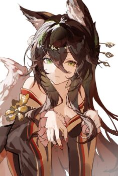 1girl animal_ears bare_shoulders black_dress breasts brown_hair closed_mouth commentary dodosaae dress fox_ears fox_girl fox_tail fugue_(honkai:_star_rail) green_eyes hair_between_eyes hair_ornament hair_stick hands_up hashtag-only_commentary highres honkai:_star_rail honkai_(series) long_hair looking_at_viewer medium_breasts nail_polish red_nails sidelocks simple_background smile solo tail tingyun_(honkai:_star_rail) upper_body white_background