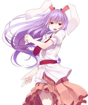 1girl animal_ears blouse buttons closed_mouth collared_shirt commentary_request cowboy_shot crote finger_gun floating_hair from_below half-closed_eyes hand_up highres large_variant_set long_hair looking_at_viewer necktie orange_skirt pink_eyes pink_skirt pleated_skirt puffy_short_sleeves puffy_sleeves purple_hair rabbit_ears red_eyes red_necktie reisen_udongein_inaba sash shirt short_sleeves skirt slit_pupils solo tachi-e teeth touhou transparent_background upper_teeth_only upskirt variant_set very_long_hair white_shirt wing_collar