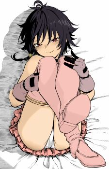 1girl absurdres black_hair boots braid colorized frilled_skirt frills gloves highres lulu_(pastime774) lying non-web_source on_back original panties pastime774 red_eyes resized side_braid skirt third-party_edit underwear upscaled white_panties