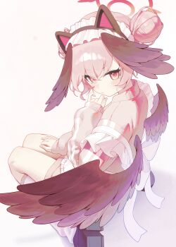 1girl absurdres alternate_costume animal_ears apron black_shoes black_wings blue_archive blush cat_ears closed_mouth commentary double_bun fake_animal_ears feathered_wings frilled_apron frills hair_bun halo head_wings highres jacket kneehighs koharu_(blue_archive) leg_warmers long_sleeves looking_at_viewer looking_back loose_socks low_wings maid maid_apron maid_headdress pink_eyes pink_hair pink_halo pink_jacket red_halo sbgu shoes simple_background sitting socks solo symbol-only_commentary track_jacket unconventional_maid white_apron white_background white_socks wings