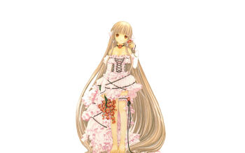 00s 1girl absurdly_long_hair blonde_hair brown_eyes chii chobits choker clamp female_focus flower full_body long_hair non-web_source solo very_long_hair