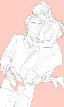 1boy 1girl bare_shoulders blush bow bowtie breasts carrying carrying_person commentary_request couple cowboy_shot dress flower greyscale greyscale_with_colored_background hair_flower hair_ornament hairband halter_dress halterneck hetero high_heels highres holding holding_shoes holding_unworn_clothes husband_and_wife jacket long_hair looking_at_another medium_breasts monochrome no_shoes open_mouth pants pantyhose pinstripe_pattern pinstripe_shirt red_background shirt shoes short_hair sleeveless sleeveless_dress small_sweatdrop smile spot_color spy_x_family straight_hair suit_jacket sunbo_zatta traditional_bowtie twilight_(spy_x_family) unworn_shoes very_short_hair watch wristwatch yor_briar