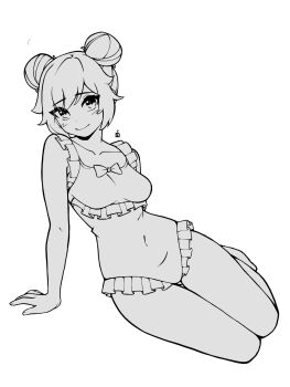 1girl arm_support bare_arms blush bow breasts casual_one-piece_swimsuit closed_mouth collarbone commentary commission double_bun english_commentary frilled_one-piece_swimsuit frills full_body greyscale hair_bun highres lineart looking_at_viewer medium_breasts monochrome one-piece_swimsuit oninuer original parted_bangs short_hair simple_background smile solo swimsuit white_background