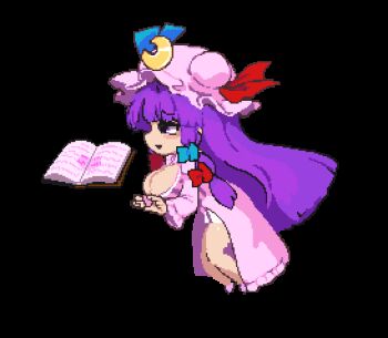1girl adapted_costume animated animated_gif book bouncing_breasts breasts chibi cleavage dress floating flying hat large_breasts long_hair mob_cap namako_daibakuhatsu patchouli_knowledge pink_dress pixel_art purple_eyes purple_hair solo solo_focus touhou