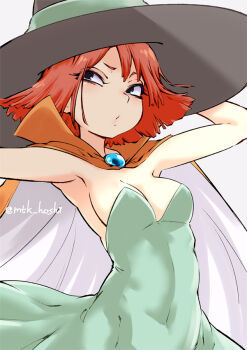 Rule 34 | 1girl, black hat, blunt ends, breasts, brooch, cape, collared cape, covered navel, dragon quest, dragon quest iii, dress, eyelashes, green dress, hat, jewelry, mage (dq3), medium breasts, mutsuki (pixiv116518), red hair, simple background, solo, strapless, strapless dress, twitter username, white background, witch hat