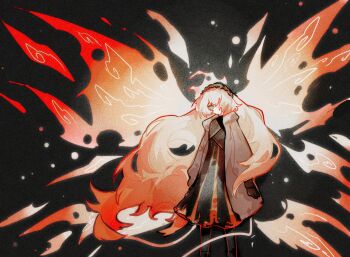 1girl aislan ardor_blossom_star_(e.g.o) black_background black_gloves black_pantyhose brown_hairband commentary e.g.o_(project_moon) fiery_wings fire gloves hairband ishmael_(project_moon) jacket limbus_company long_hair orange_hair orange_jacket pantyhose project_moon rope solo standing symbol-only_commentary very_long_hair wings