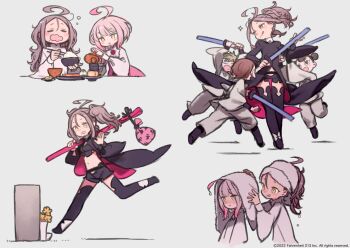 2boys 3girls arche_a._pleides blush breasts coat crop_top drying drying_another&#039;s_hair drying_hair eating flower full_body grey_hair highres kuroboshi_kouhaku long_hair multiple_boys multiple_girls official_art open_mouth pink_hair ponytail rice sleepy small_breasts smile smug sparring tombstone towel tsurugihime yellow_eyes