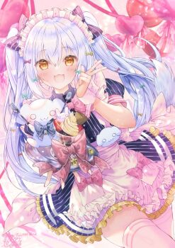 1boy apron black_dress blue_hair bow bowtie crossdressing crossdressing_(mtf) dress food frilled_dress frills hair_bow hand_up highres holding holding_tray ice_cream inuyama_tamaki long_hair looking_at_viewer maid maid_apron maid_headdress male_focus male_maid moo_(umineko) noripro official_alternate_costume pink_bow pink_bowtie pinstripe_bow pinstripe_dress pinstripe_pattern smile solo thighhighs trap tray twintails virtual_youtuber w white_apron white_headdress yellow_eyes zettai_ryouiki