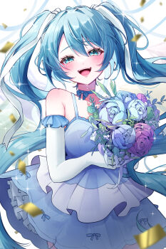Rule 34 | 1girl, absurdres, aqua choker, armpit crease, bare shoulders, blue dress, blue eyes, blue flower, blue hair, blush, bouquet, breasts, choker, commentary request, crying, crying with eyes open, dress, elbow gloves, flower, gloves, hair between eyes, hair ribbon, happy tears, hatsune miku, highres, holding, holding bouquet, long hair, looking at viewer, medium breasts, open mouth, purple flower, ribbon, smile, solo, tears, teeth, tottoko mayo, twintails, upper teeth only, very long hair, vocaloid, white background, white gloves, white ribbon