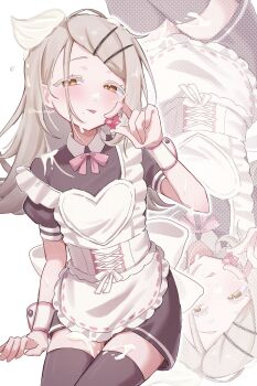 1girl :p absurdres apron black_shirt black_shorts black_thighhighs blonde_hair blush bow bowtie candy chocolate chocolate_heart closed_mouth collared_shirt colored_eyelashes commentary contrast_collar corset cowboy_shot cream cream_on_body cream_on_face food food_on_face frilled_apron frills gakuen_idolmaster hair_ornament hairclip hand_up happy_mille-feuille_(idolmaster) heart heart-shaped_food heart_apron highres holding holding_chocolate holding_food idolmaster long_hair looking_at_viewer maid maid_apron moe_nayo orange_eyes parallel_hairclips pink_bow pink_bowtie puffy_short_sleeves puffy_sleeves shinosawa_hiro shirt short_sleeves shorts sitting solo strap_slip thighhighs tongue tongue_out twitter_username valentine white_apron white_corset wrist_cuffs zoom_layer