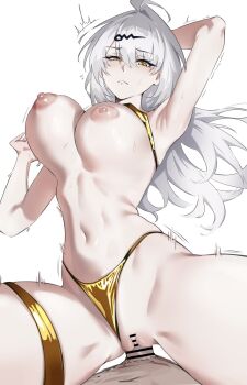 1boy 1girl bar_censor bikini bikini_bottom_aside breasts censored clothing_aside ei_(eiei_e1) gold_bikini grey_hair hair_ornament hetero highres large_breasts long_hair navel nipples sex simple_background solo_focus swimsuit vaginal white_background white_hair yellow_eyes yixuan_(zenless_zone_zero) zenless_zone_zero