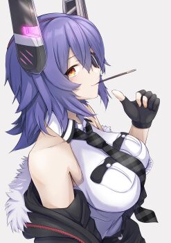 Rule 34 | 1girl, absurdres, black gloves, breast pocket, breasts, checkered necktie, eyepatch, food, food in mouth, gloves, headgear, highres, holding, holding food, holding pocky, jacket, kantai collection, large breasts, looking at viewer, necktie, onozuka yuruo, pocket, pocky, pocky in mouth, purple hair, shirt, short hair, sleeveless, sleeveless shirt, smile, solo, tenryuu (kancolle), tenryuu kai ni (kancolle), upper body, white shirt, yellow eyes
