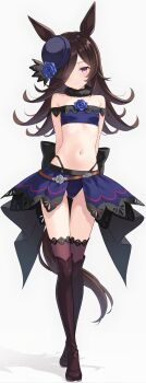 blue_flower blue_rose breasts brown_hair flower highres hpgen01 off_shoulder panties rice_shower_(umamusume) rose small_breasts umamusume underwear