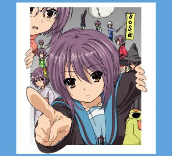 Rule 34 | 10s, 6+girls, animal costume, bad id, bad pixiv id, baseball, baseball bat, baseball helmet, brown eyes, calico (pattern), calico cat, cardigan, cat, endless eight, foreshortening, frog costume, hat, headband, helmet, highres, japanese clothes, kimono, mask, multiple girls, multiple persona, nagato yuki, pointing, school uniform, serafuku, shamisen (suzumiya haruhi), short hair, sosdankaridanin, suzumiya haruhi no shoushitsu, suzumiya haruhi no yuuutsu, swimsuit, witch hat, yukata