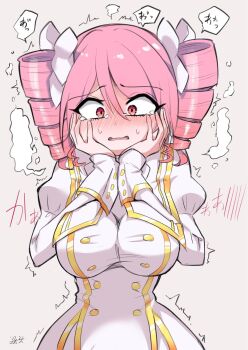 1girl blush breasts dress drill_hair eyelashes female_focus hands_on_own_face japanese_text jashin-chan_dropkick large_breasts long_hair manami_nattou motion_lines nbnbmanamin pink_hair pino_(jashin-chan_dropkick) red_eyes skin_tight solo tears translation_request trembling white_background white_dress wide_hips