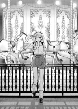 1girl backpack bag blush carousel closed_mouth collared_shirt commentary_request earrings greyscale gyaru_to_gyaru_no_yuri hand_up highres inoue_koharu jewelry long_hair looking_at_viewer loose_socks monochrome one_eye_closed pleated_skirt school_uniform shirt skirt smile socks solo standing stud_earrings taooka_yua tiara v