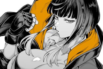 1girl :o breasts cleavage collared_shirt commentary_request commission fingerless_gloves gloves greyscale hood hooded_jacket iro_marimo jacket large_breasts looking_at_viewer monochrome original portrait ruriko_(ryomajigen) shirt short_hair short_hair_with_long_locks simple_background solo spot_color white_background