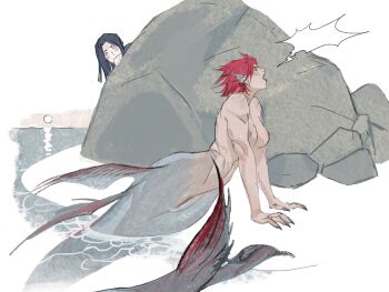 alternate_form arcane:_league_of_legends arcane_caitlyn arcane_vi black_hair blue_eyes blush breasts caitlyn_(league_of_legends) closed_eyes completely_nude fingernails fins head_fins hiding highres league_of_legends medium_breasts mermaid monster_girl nipples nude open_mouth pussy red_hair runhorserun sharp_fingernails short_hair simple_background straight_hair vi_(league_of_legends) white_background