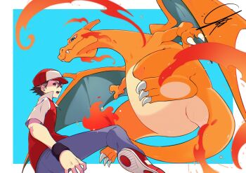 1boy border brown_hair charizard claws closed_mouth gen_1_pokemon hair_between_eyes hashtag-only_commentary highres jacket looking_at_viewer male_focus nintendo open_mouth pokemon pokemon_(creature) pokemon_rgby red_(pokemon) red_jacket shoes signature sneakers u_tei white_border wristband