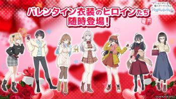 6+girls ahoge alisa_mikhailovna_kujou black_footwear black_gloves black_pantyhose black_socks black_sweater blonde_hair blue_eyes boots brown_eyes brown_footwear brown_hair brown_pantyhose closed_mouth cross-laced_footwear dress full_body glasses gloves grey_hair grey_pants hand_up high_heel_boots high_heels highres jacket kimishima_ayano layered_sleeves long_sleeves mariya_mikhailovna_kujou medium_hair miyamae_nonoa multiple_girls official_art one_eye_closed open_clothes open_jacket open_mouth pants pantyhose pink_scarf red_footwear sarashina_chisaki scarf shoes short_hair siblings sisters skirt smile socks standing suou_yuki sweater taniyama_sayaka tokidoki_bosotto_roshia-go_de_dereru_tonari_no_alya-san tokidoki_bosotto_roshia-go_de_dereru_tonari_no_alya-san_puzzle_party!