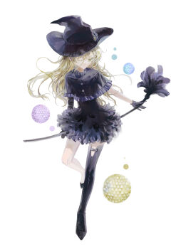 1girl absurdres alternate_costume asymmetrical_footwear asymmetrical_gloves black_boots black_capelet black_dress black_gloves black_hat black_shoes blonde_hair boots capelet colored_eyelashes commentary_request disco_ball dress duster feather_duster feather_skirt gloves hat hat_ornament highres holding holding_duster kirisame_marisa long_hair miniskirt one_eye_closed parted_lips shoes simple_background skirt solo star_(symbol) star_hat_ornament thigh_boots thighs touhou white_background witch_hat yellow_eyes yinyong_yu
