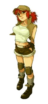 Rule 34 | 1girl, arms behind back, artist request, baseball cap, boots, breasts, collarbone, female focus, fio germi, full body, glasses, hat, knee pads, metal slug, midriff, navel, official art, ponytail, red hair, round eyewear, short shorts, shorts, simple background, socks, solo, tank top, vest, white background