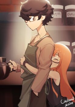 1boy 1girl 2020 absurdres amamiya_ren apron artist_name black_eyes black_hair black_tank_top blunt_bangs brown_shirt closed_eyes clothes_around_waist coffee coffee_pot collarbone colo_(nagrolaz) commentary counter dated english_commentary glasses green_apron hand_in_pocket highres holding holding_pot hug hug_from_behind jacket jacket_around_waist long_hair long_sleeves looking_to_the_side orange_hair persona persona_5 pot sakura_futaba shirt short_hair standing tank_top v-neck very_long_hair wristband