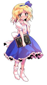 1girl alice_margatroid alice_margatroid_(pc-98) alphes_(style) bare_arms blonde_hair blue_hairband blue_ribbon blue_skirt blush bobby_socks book buttons commentary_request dairi english_text frilled_skirt frills full_body grimoire_of_alice hair_between_eyes hairband holding holding_book large_variant_set leg_up legs_apart open_book parody parted_bangs puffy_short_sleeves puffy_sleeves ribbon shirt short_hair short_sleeves skirt socks solo standing style_parody tachi-e touhou touhou_(pc-98) transparent_background variant_set white_shirt white_socks
