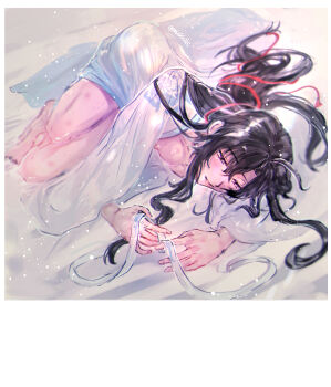 1boy ahoge alternate_costume androgynous bare_legs barefoot bed_sheet bite_mark black_hair blush borrowed_clothes chinese_clothes commentary_request full_body hair_ribbon hair_spread_out hanfu hickey highres holding holding_ribbon implied_after_sex implied_yaoi ktxxok light_particles long_hair long_sleeves lying male_focus modao_zushi naked_robe nipples on_bed on_side open_clothes open_robe parted_lips pectorals ponytail purple_eyes red_ribbon ribbon robe sidelocks smile solo trap twitter_username wei_wuxian white_hanfu white_ribbon