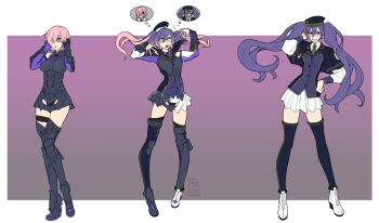 2girls armor armored_dress black_dress black_footwear black_gloves black_panties black_thighhighs blue_capelet blue_eyes blue_vest boots breasts capelet character_transformation collared_shirt commentary dress elbow_gloves english_commentary fate/grand_order fate_(series) fusion glasses gloves hands_on_eyewear high_heels highres kamuify looking_at_viewer mash_kyrielight mash_kyrielight_(demi-servant) medium_breasts multicolored_hair multiple_girls panties parted_lips pink_hair pleated_skirt purple_eyes sequential shirt sion_eltnam_(type-moon) sion_eltnam_sokaris skirt smile smug thigh_strap thighhighs transformation twintails two-tone_hair underwear vest white_footwear white_shirt