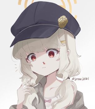 Rule 34 | 1girl, aoba (blue archive), black hat, blood, blood on hands, blue archive, bow camisole, brown jacket, camisole, halo, hat, highres, jacket, jacket partially removed, low twintails, newsboy cap, nosebleed, peaked cap, portrait, red eyes, shaded face, solo, twintails, uttsu (yumaviviane), white background, white camisole, yellow halo