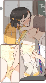 1boy 1girl abaji age_difference animal_print backpack bag bear_print_panties bear_print black_hair blush closed_eyes clothes_pull fingering fingering_through_clothes fingering_through_panties flat_chest hands_on_another's_head hetero highres licking licking_nipple loli navel nipple_stimulation nipples original panties pants pants_pull print_panties randoseru short_hair through_clothes underwear variant_set white_pants yellow_bag