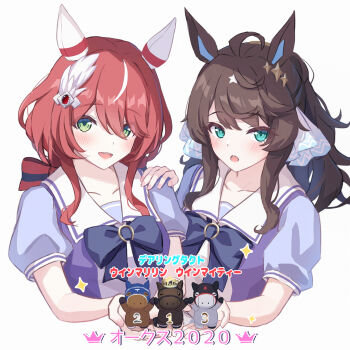 2girls ahoge animal_ears black_hair blue_eyes breasts commentary_request cropped_torso daring_tact_(racehorse) daring_tact_(umamusume) green_eyes hair_ornament highres horse horse_ears horse_girl kashmir_0808 looking_at_viewer low_twintails medium_breasts multiple_girls open_mouth portrait red_hair revision school_uniform simple_background tracen_school_uniform twintails umamusume white_background win_marilyn_(racehorse) win_mighty_(racehorse) win_variation_(umamusume)