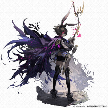 1girl absurdres animal_ears artist_request ass black_hair boots bow_(weapon) commentary company_name corruption dark-skinned_female dark_persona dark_skin english_commentary estel_(fire_emblem) fire_emblem fire_emblem_shadows full_body highres holding holding_bow_(weapon) holding_weapon looking_back nintendo official_art open-toe_boots quiver rabbit_ears rabbit_girl rabbit_tail red_eyes second-party_source sharp_teeth short_hair short_shorts shorts slit_pupils solo tail teeth thigh_boots thighs weapon