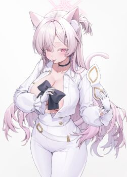 1girl absurdres akira_(blue_archive) animal_ear_fluff animal_ears areola_slip belt black_choker blue_archive breasts cat_ears cat_tail choker cleavage collarbone collared_shirt colored_eyelashes commentary cowboy_shot eye_mask from_above gloves hair_intakes half-closed_eyes halo heart heart-shaped_pupils highres holding holding_mask large_breasts long_hair long_sleeves looking_at_viewer looking_up mask naughty_face no_bra open_clothes open_shirt p00nipooni pants parted_bangs pink_hair puffy_sleeves bad_tag shirt simple_background smile solo symbol-only_commentary symbol-shaped_pupils tail thick_thighs thighs tongue tongue_out unworn_mask very_long_hair white_belt white_gloves white_pants white_shirt