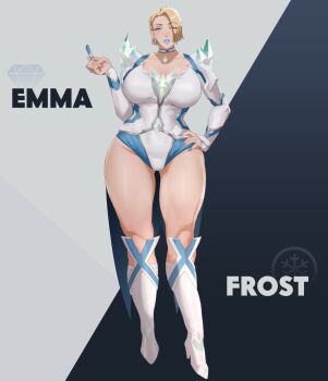 Rule 34 | 1girl, blonde hair, blue eyes, blue nails, boots, breasts, character name, choker, emma frost, full body, hand on own hip, high heels, highres, huge breasts, knee boots, leotard, looking at viewer, makeup, marvel, nail polish, short hair, solo, soraoraora, thick thighs, thighs, white footwear, white leotard