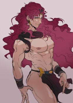 1boy abs adam&#039;s_apple battle_tendency bracer cowboy_shot curly_hair earrings grey_background highres horns jewelry jojo_no_kimyou_na_bouken kars_(jojo) lighthouse_(lt_yummy) loincloth long_hair male_focus muscular muscular_male pectorals pelvic_curtain purple_hair red_eyes revealing_clothes sketch smirk solo topless_male