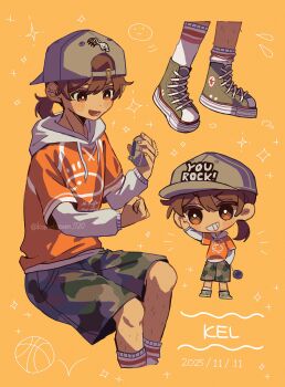 1boy 2025 :d absurdres alternate_eye_color asymmetrical_legwear backwards_hat ball baseball_cap basketball_(object) bright_pupils brown_hair camouflage camouflage_shorts character_name chibi chibi_inset clenched_hand clothes_writing commentary cropped_legs dark-skinned_male dark_skin dated double-parted_bangs double_horizontal_stripe drawstring english_commentary english_text fingernails flying_sweatdrops green_shorts grey_hat grey_hoodie grin hair_between_eyes hand_in_pocket hands_up hat hector_(omori) highres holding holding_toy hood hood_down hoodie jash_(omori) kel_(birthday)_(omori) kel_(faraway)_(omori) kel_(omori) kneehighs komekopan_720 layered_sleeves leg_hair long_sleeves looking_at_object looking_at_viewer low_ponytail lower_teeth_only male_focus multiple_views official_alternate_costume official_alternate_hairstyle omori open_mouth orange_background orange_eyes orange_shirt ponytail puffy_long_sleeves puffy_sleeves shirt short_hair short_over_long_sleeves short_ponytail short_sleeves shorts simple_background sitting smile socks sparkle standing teeth toy twitter_username uneven_legwear v-shaped_eyebrows white_pupils white_socks