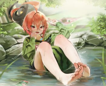 1girl absurdres ahoge bare_legs barefoot between_legs black_halo black_skirt blue_archive blurry blurry_background blush braid commentary crossed_bangs day depth_of_field fang feet food foreshortening fruit green_hoodie halo hands_up highres hood hoodie huge_ahoge knees_up legs looking_at_viewer medium_hair miniskirt neru_(blue_archive) not_forever2w ooarai_school_uniform open_mouth orange_hair outdoors partially_submerged red_eyes school_uniform sitting skirt soles solo toenails toes untranslatable_commentary v water watermelon wet