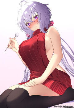 1girl ahoge black_thighhighs blush breasts commentary_request dated highres holding large_breasts long_hair mimikaki oilen0731 purple_eyes red_sweater senki_zesshou_symphogear sideboob simple_background sitting sweater thighhighs turtleneck turtleneck_sweater twitter_username very_long_hair virgin_killer_sweater wariza white_background white_hair yukine_chris