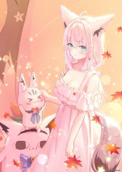 >_< <o>_<o> 1girl :3 ahoge animal_ear_fluff animal_ears aqua_eyes blush breasts cleavage commentary dress fox_ears fox_girl fox_tail hair_between_eyes highres hololive leaf light_smile long_hair looking_at_viewer maple_leaf medium_breasts miteiru_(shirakami_fubuki) shirakami_fubuki solo sukonbu_(shirakami_fubuki) tail takaya_naru twitter_username untranslatable_commentary virtual_youtuber white_dress white_hair