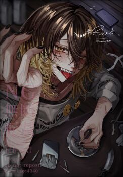 1boy :p aegyo_sal ashtray black_nails blonde_hair brown_hair cigarette cigarette_pack commentary_request commission foreshortening from_above grin hand_up highres holding holding_cigarette hosikage4040 looking_at_viewer male_focus multicolored_hair o-ring_collar original phone skeb_commission smile solo sweater table tongue tongue_out two-tone_hair white_sweater yellow_eyes