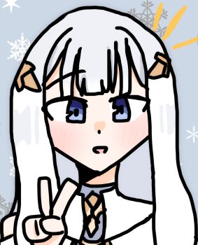 1girl artist_request bad_id bad_pixiv_id blue_eyes grey_hair grimms_notes hand_up highres looking_at_viewer parted_lips shaman_of_the_mirror_(grimms_notes) smile solo upper_body v