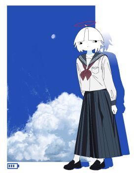 Rule 34 | 1girl, absurdres, ahoge, angel, battery indicator, black sandals, blue sailor collar, blue skirt, blue sky, border, chewchewer, closed mouth, cloud, cloudy sky, collarbone, colored skin, detached ahoge, halo, highres, long skirt, looking to the side, microsoft paint (medium), neckerchief, nyan (chewchewer), original, pocket, red halo, red neckerchief, sailor collar, sandals, shadow, short hair, skirt, sky, solo, sun, white border, white hair, white skin