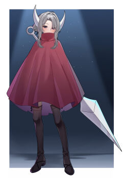 1girl absurdres adapted_costume alternate_costume alternate_eye_color boots cloak commission commissioner_upload covered_mouth eyelashes full_body hair_bun highres holding holding_polearm holding_weapon hollow_knight hollow_knight:_silksong hornet_(hollow_knight) horns humanization long_bangs long_hair long_sidelocks looking_at_viewer non-web_source petite pink_eyes polearm sidelocks simple_background solo thigh_boots thighs wayanfa weapon white_hair