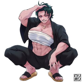 1girl abs absurdres aqua_hair artist_logo black_pants black_shirt breasts chest_sarashi commentary commission earrings full_body gold_necklace grin hand_in_own_hair highres jamrolypoly jewelry large_breasts letter_pendant logo looking_at_viewer navel necklace open_clothes open_shirt original pants pendant purple_eyes ring sandals sarashi selene_(liloniichan_) sharp_teeth shirt short_hair short_sleeves simple_background smile solo squatting teeth toes v-shaped_eyebrows white_background