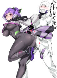 Rule 34 | 1boy, 1girl, absurdres, ass rubbing, bald, biting own lip, black bodysuit, blue eyes, bodysuit, breasts, bulge, cropped jacket, drawfag, erection, erection under clothes, feet out of frame, from side, hand on another&#039;s chin, head wings, hetero, highres, jacket, large breasts, looking at another, medium hair, nijisanji, nijisanji en, pants, purple eyes, purple hair, selen tatsuki, shirt, shoes, simple background, tail, tail grab, tight clothes, virtual youtuber, white background, white jacket, wings
